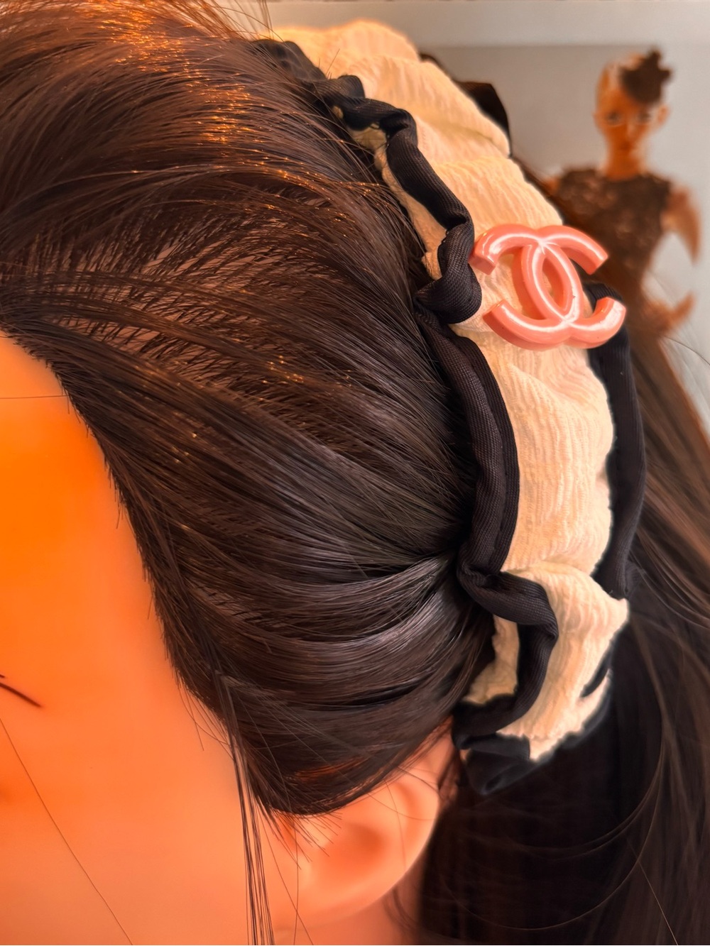 Black and Cream ruched fabric Headband with pink/nude tone accent - Picture 2 of 5